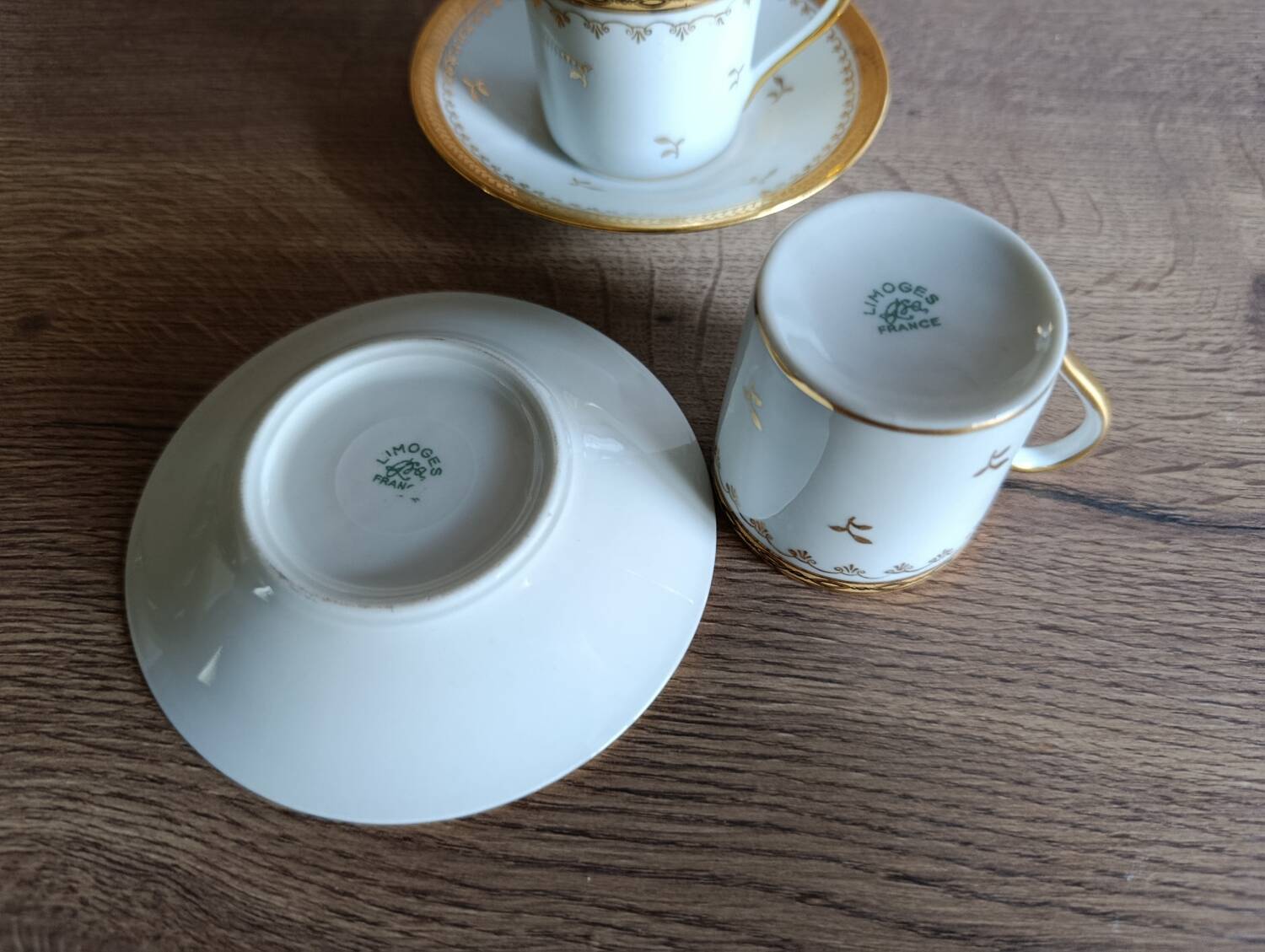 3 litre cups and saucers Empire gilded porcelain, Limoges 1950