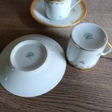 3 litre cups and saucers Empire gilded porcelain, Limoges 1950