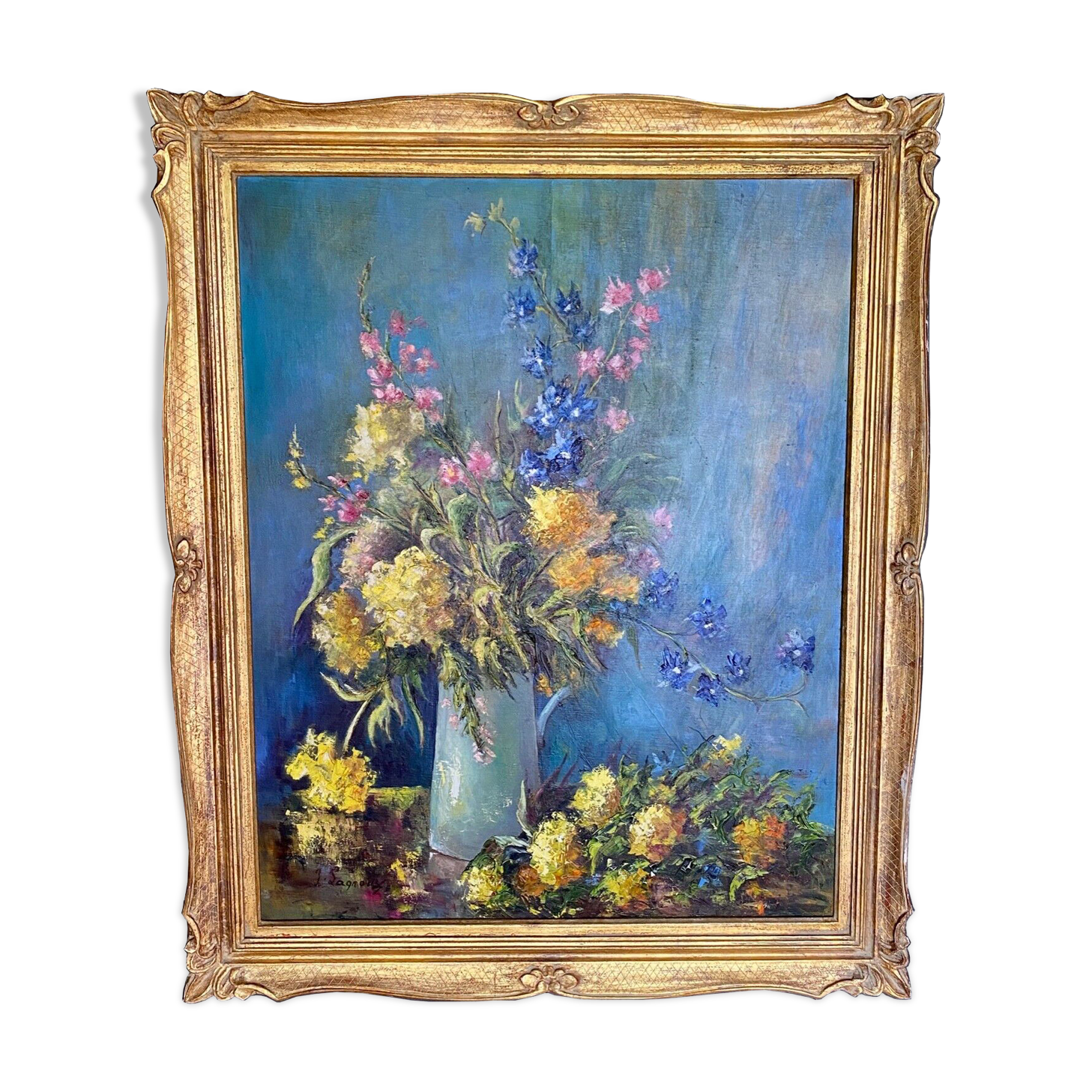 Oil on canvas by the lagnoux bouquet of still life flowers 1960