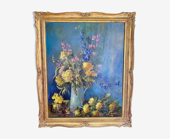 Huile sur toile par l lagnoux bouquet de fleurs nature morte 1960