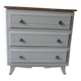 Vintage chest of drawers sublimated in pearl gray, wooden top