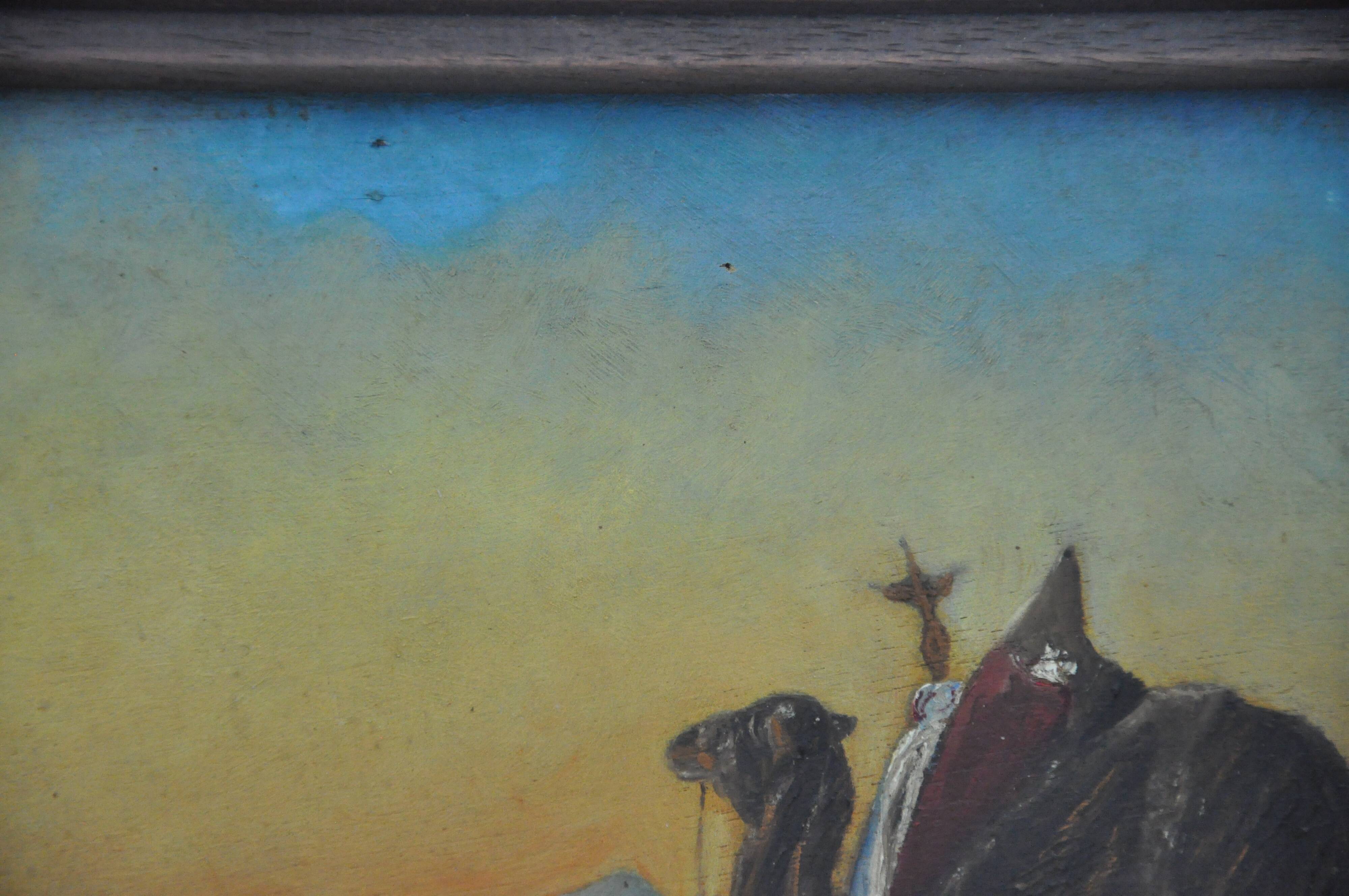 Ancient painting oil s wood, orientalist Bedouin camel desert unsigned