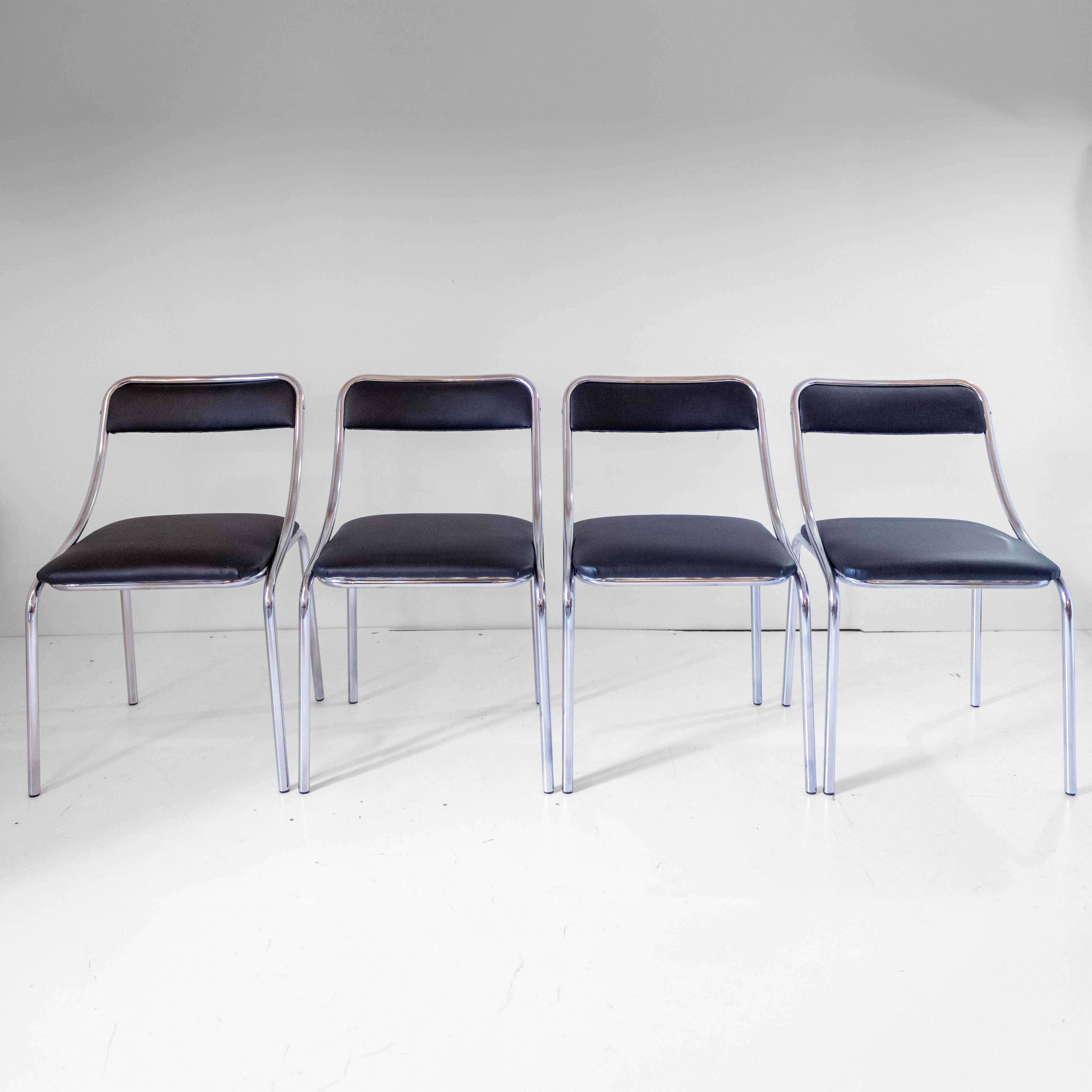 Set of Four Vintage Chromed Dining Chairs, Faux Leather, Italy, 1970