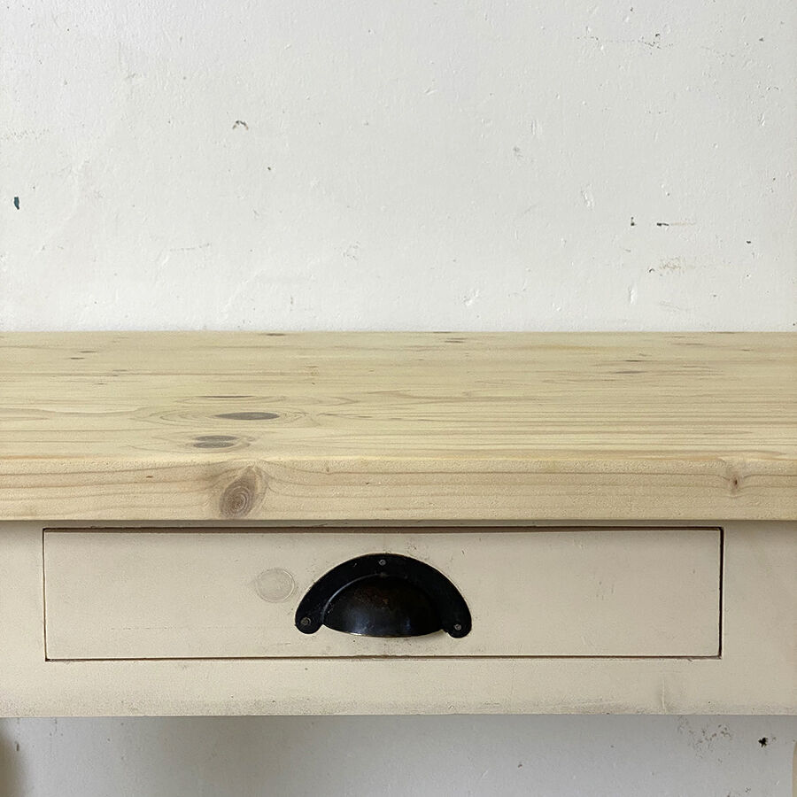 Table, legs light beige, top solid wood raw