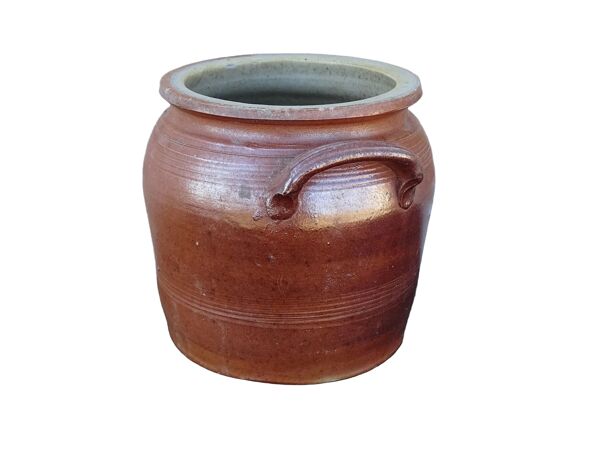 Petit pot à confit ancien en faïence française à glaçure brune salée