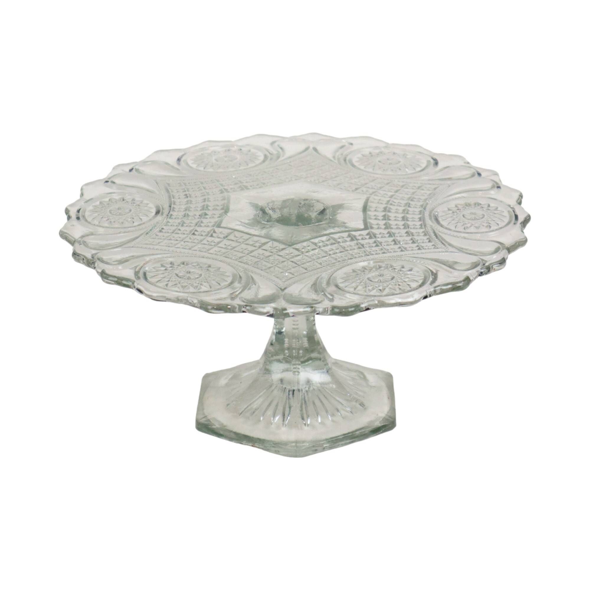 Clear Art Deco Cake Stand Pressed Glass Star Motif Cake Stand