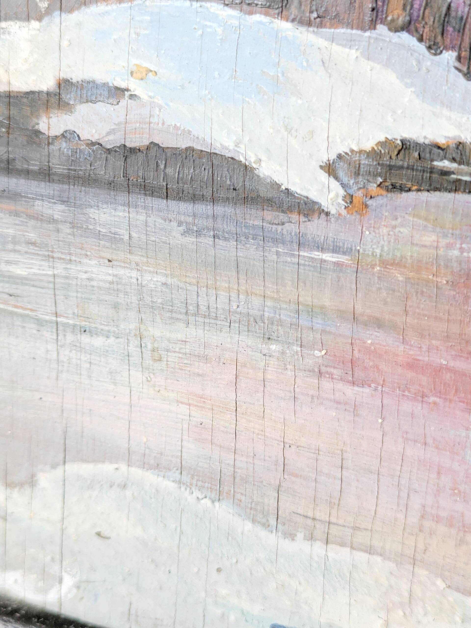 Vintage oil painting, rural winter landscape, 1960s