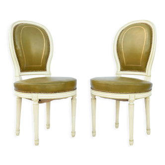 Pair of Louis XVI style chairs green leather