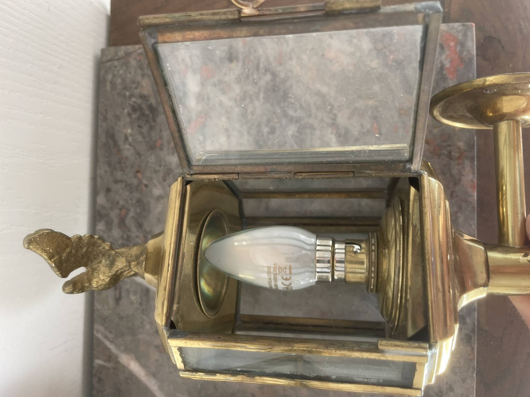 Old Pair of Gilded Brass Wall Lights in Carriage Lantern Eagle Empire Style