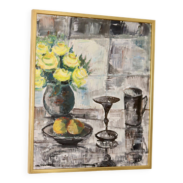 Nature morte aux roses jaunes et aux fruits par Olle Rhönnstrand, huile sur toile suédoise du milieu du siècle.