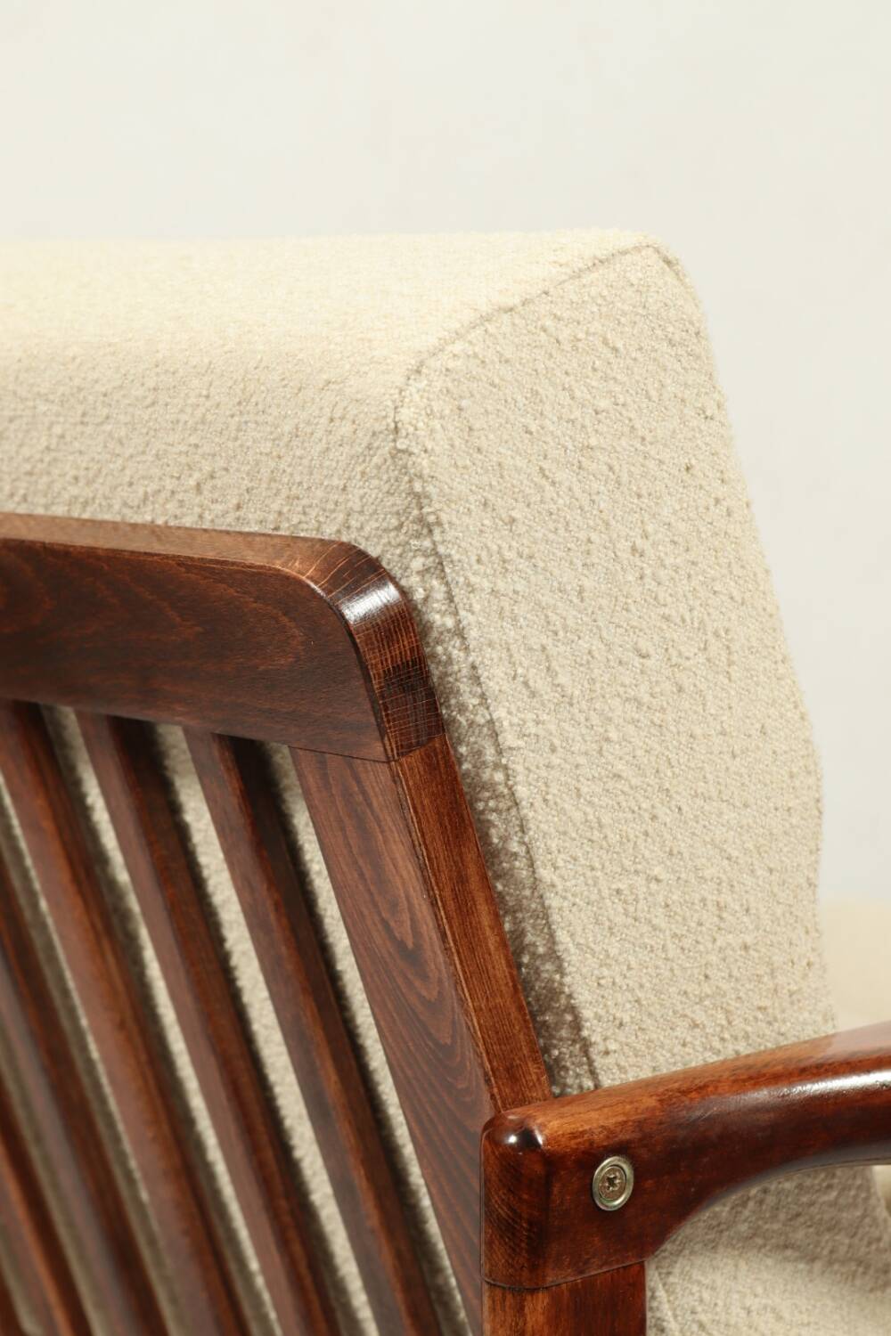 Vintage dark wood beige bouclé armchair by Z.Baczyk 1965
