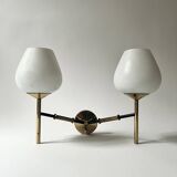 2 double wall lights in brass and white opaline glass, Arlus design 1950