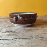 Old small glazed ceramic dish with lion head decoration - brown enamel kitchen bowl