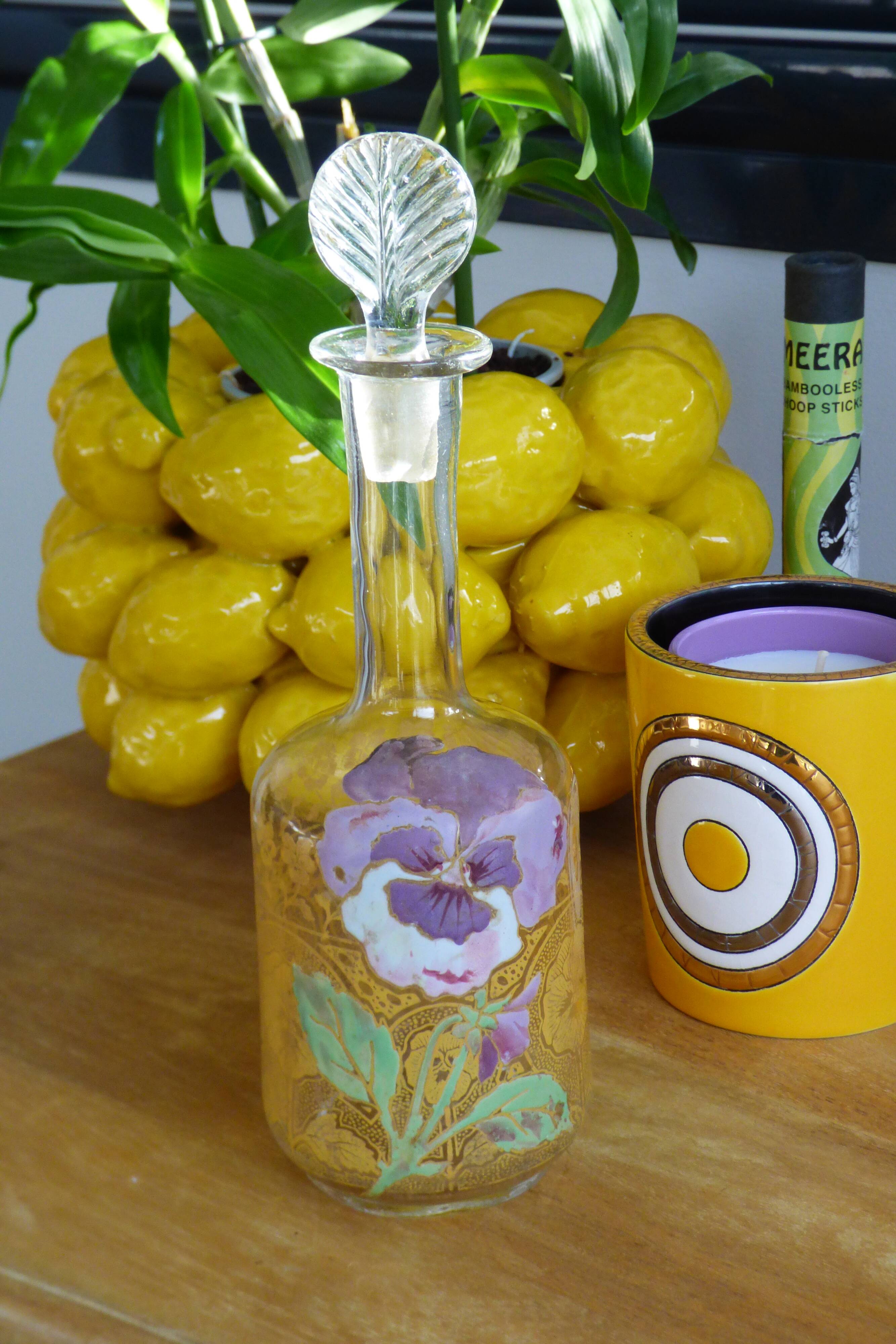 LEGRAS carafe, enamelled with pansy flower.