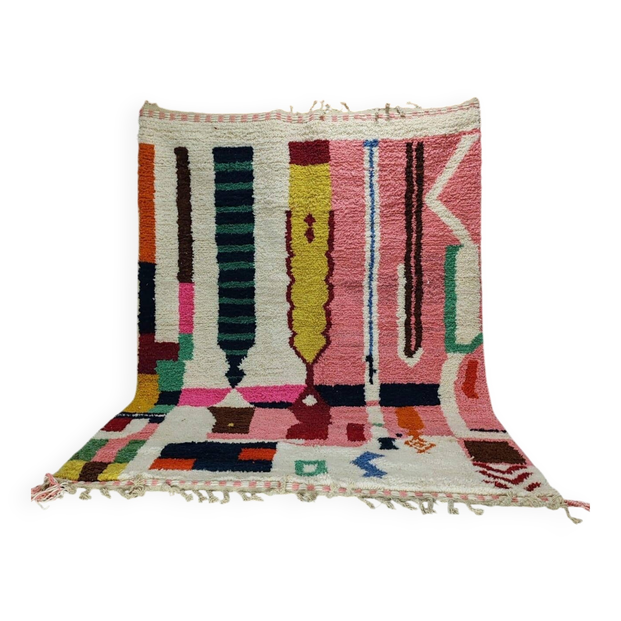 Grand tapis berbère graphique rose et écru – 300 × 217 cm