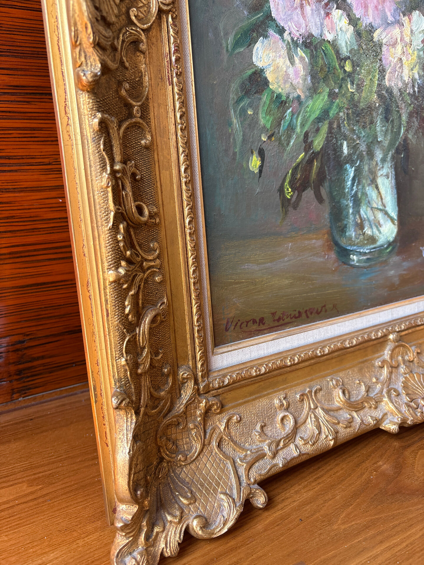 Large painting by Victor Zolnierowicz, peonies, oil on canvas, frame year