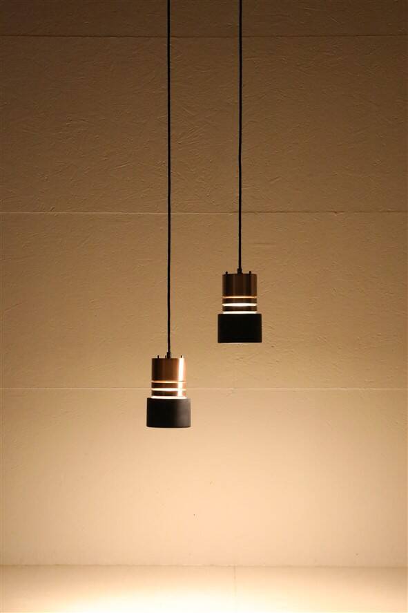 Set of 2 space age pendant lamps / Mid-century Danish modern design / Aluminum / Copper / 1960s / 1970s