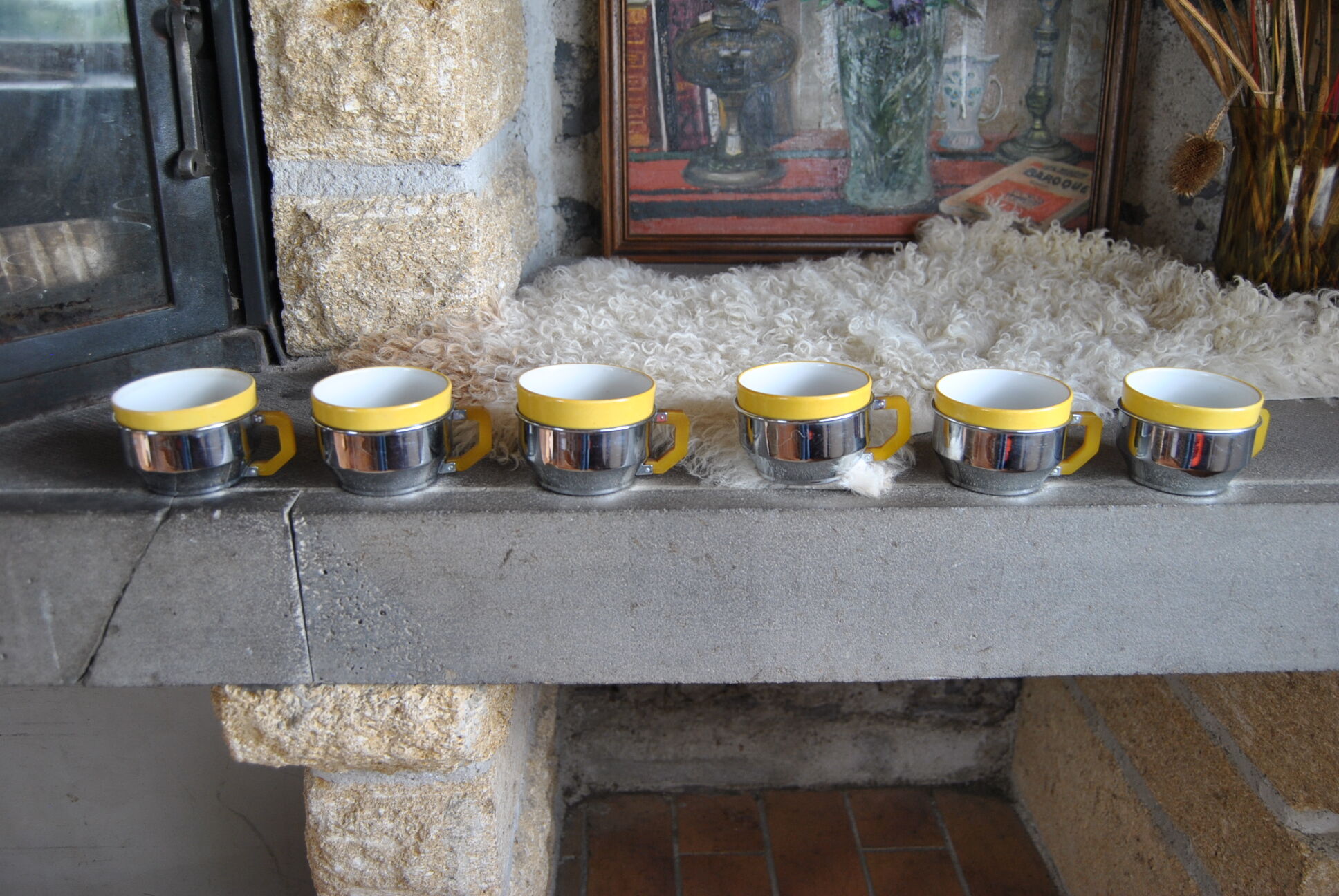 Series of 6 ceramic and stainless steel cups - 70s - Vintage