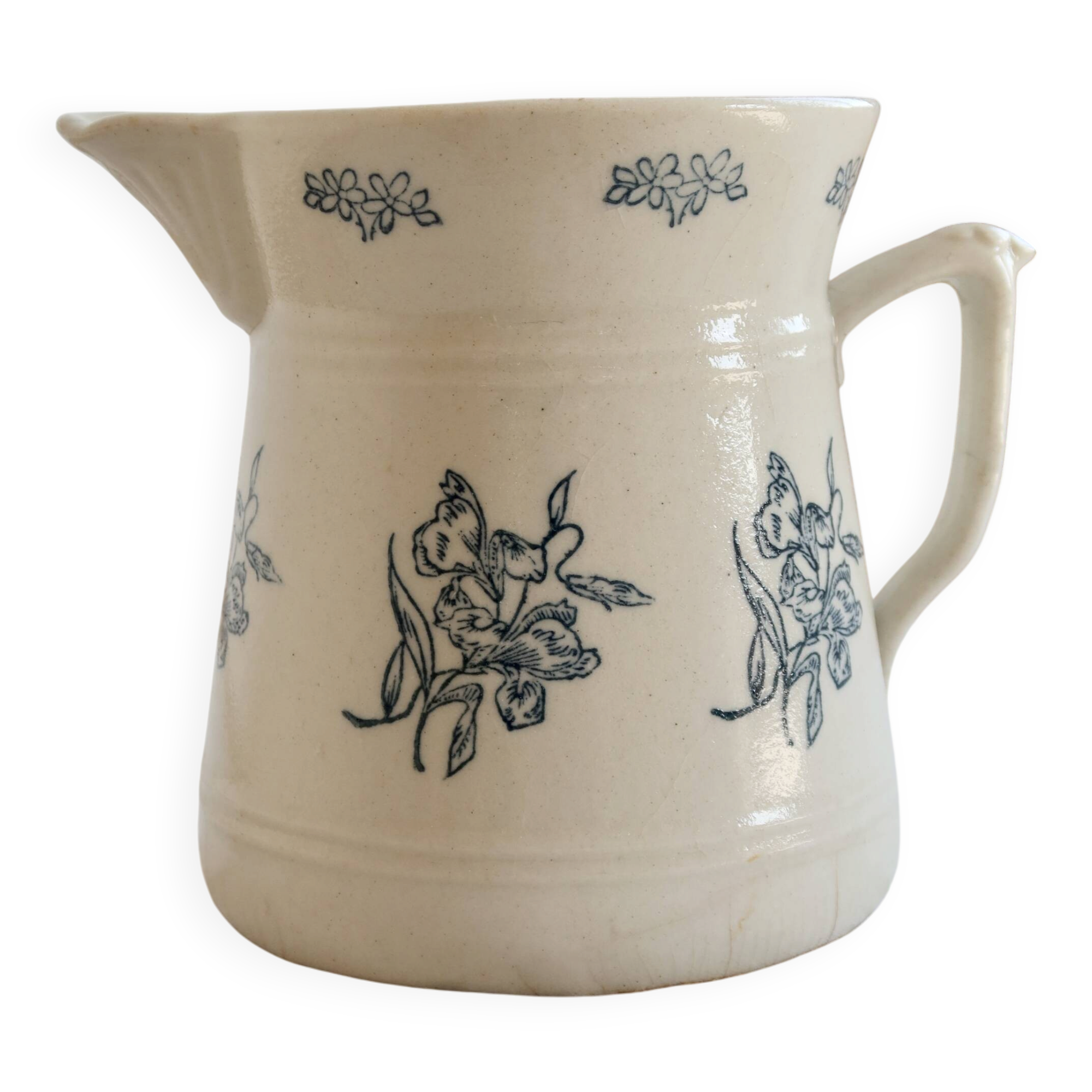 Large antique Saint-Uze pitcher / steel clay terrine Saint-Uze floral pattern