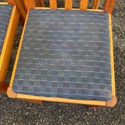 4 solid wood and blue fabric dining chairs with bars