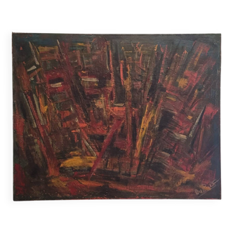 Tableau Peinture Ancienne Abstrait Composition Abstraction XXeme Signé
