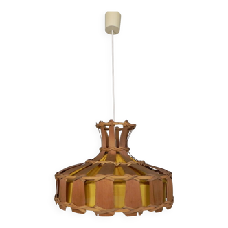 Vintage hanging lamp with rattan shade, palm leaf and fabric, 1970s