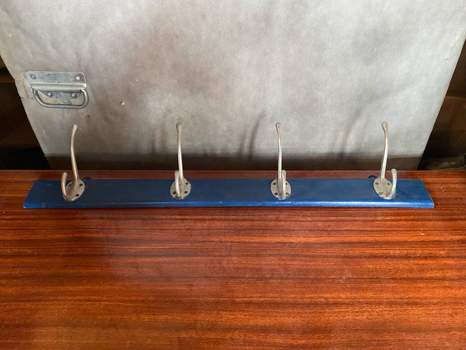 Old blue wood wall coat rack + 4 vintage aluminum hooks