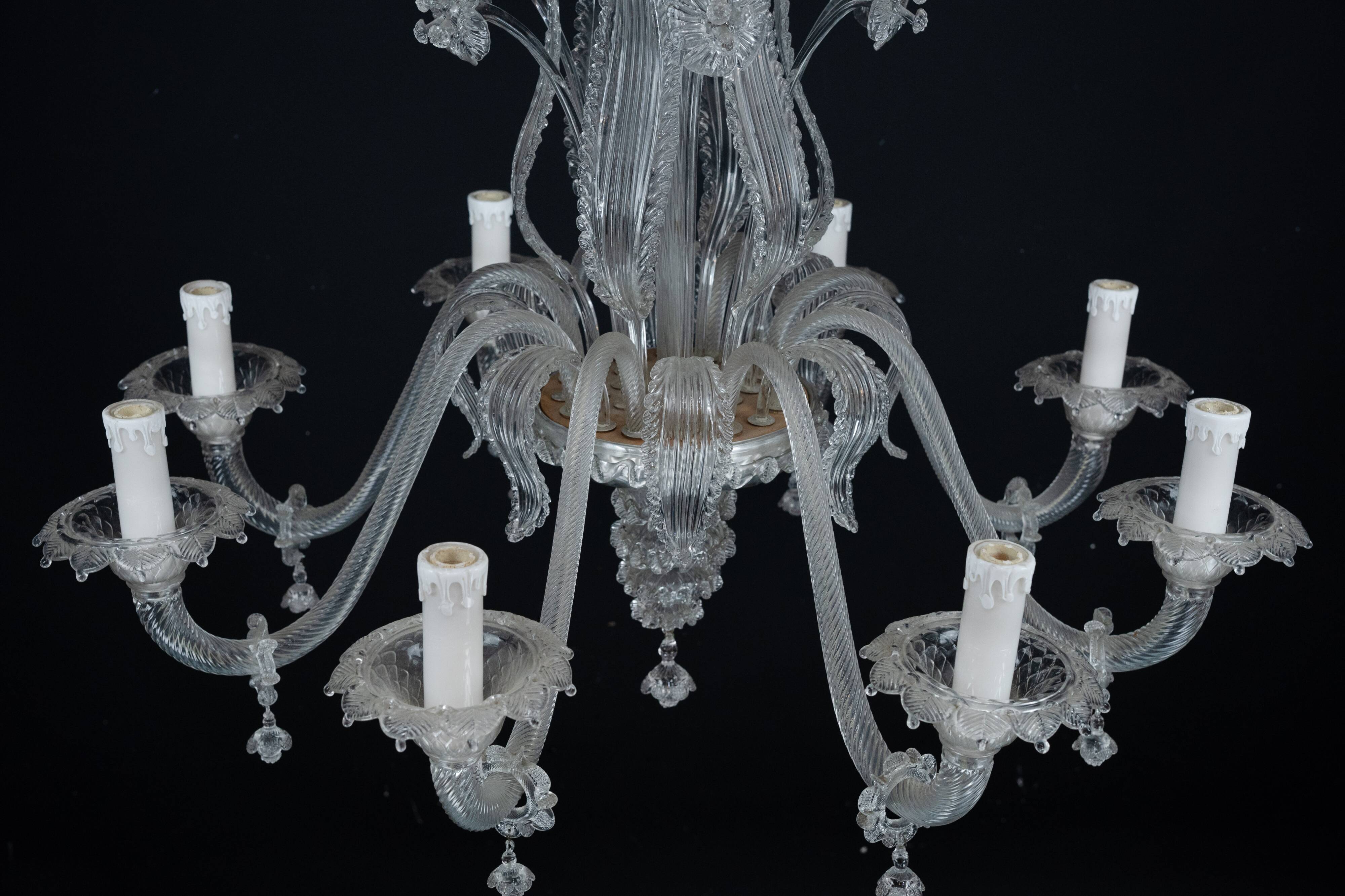 1940s Vintage Murano Clear Glass Chandelier, Classic Italian Art Glass