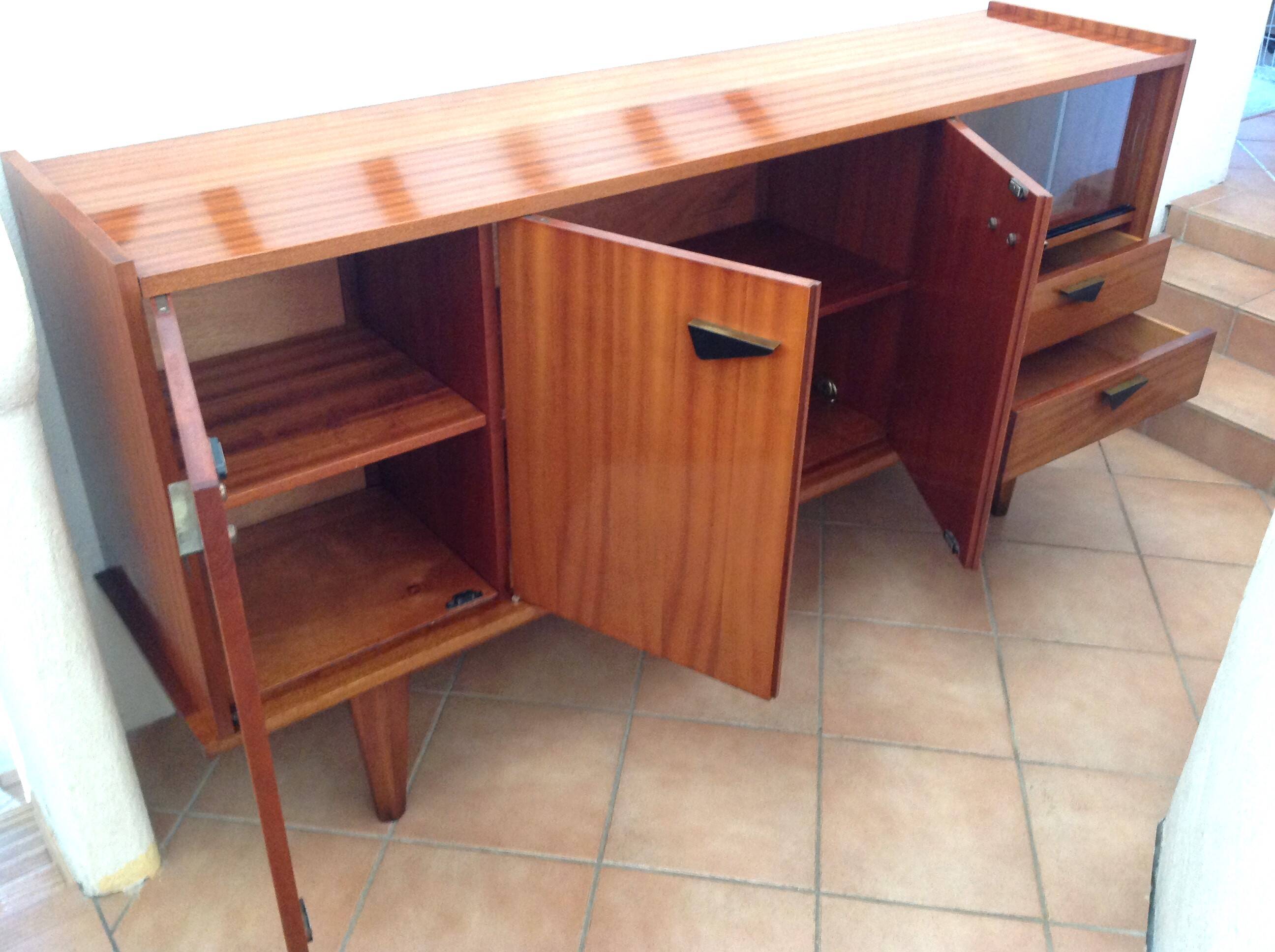 Varnished wooden sideboard with glass storage / vintage 60s-70s