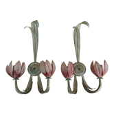 Pair of old sconces in painted sheet metal decorated with flowers