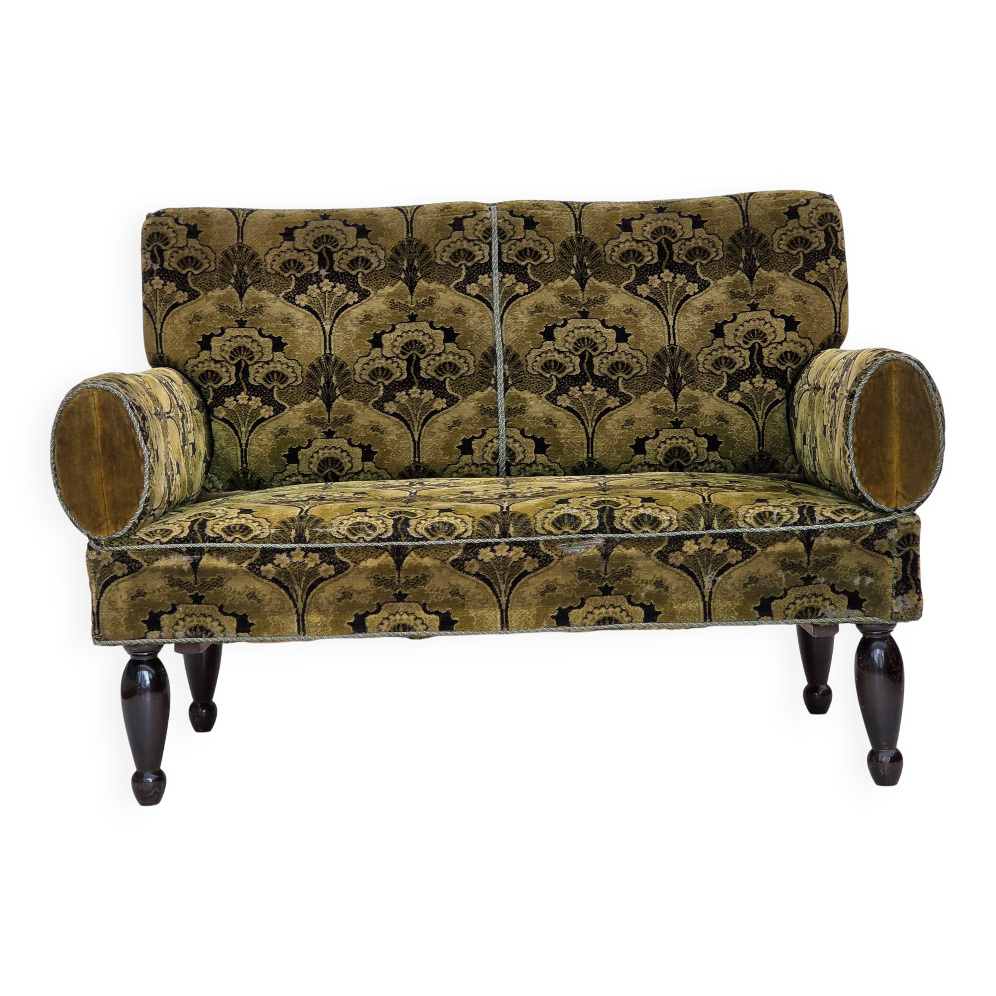 1930s, Danish 2-seater drop arm daybed/sofa, green furniture velour.
