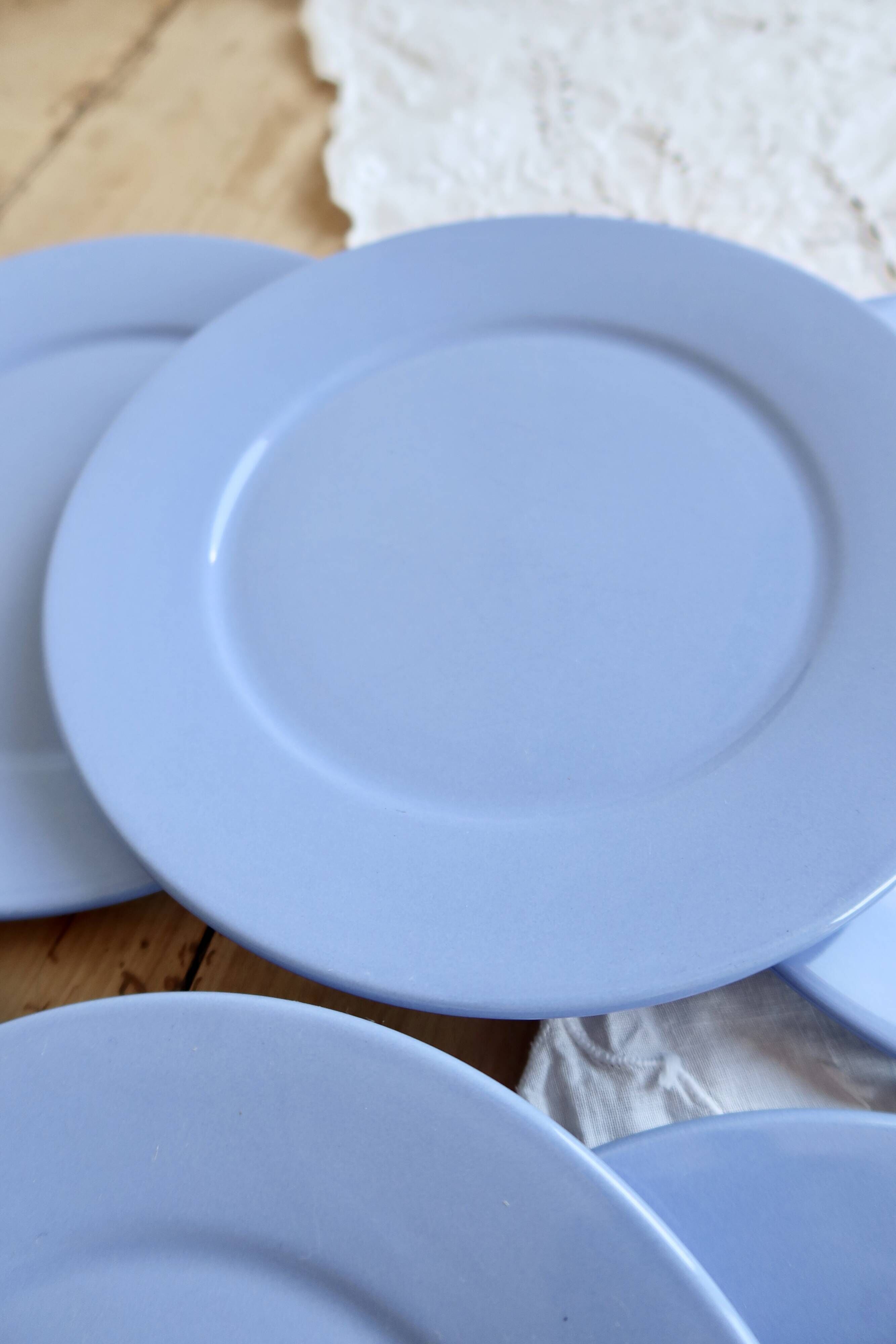 6 vintage sky blue faience dessert plates – Provençal coastal style