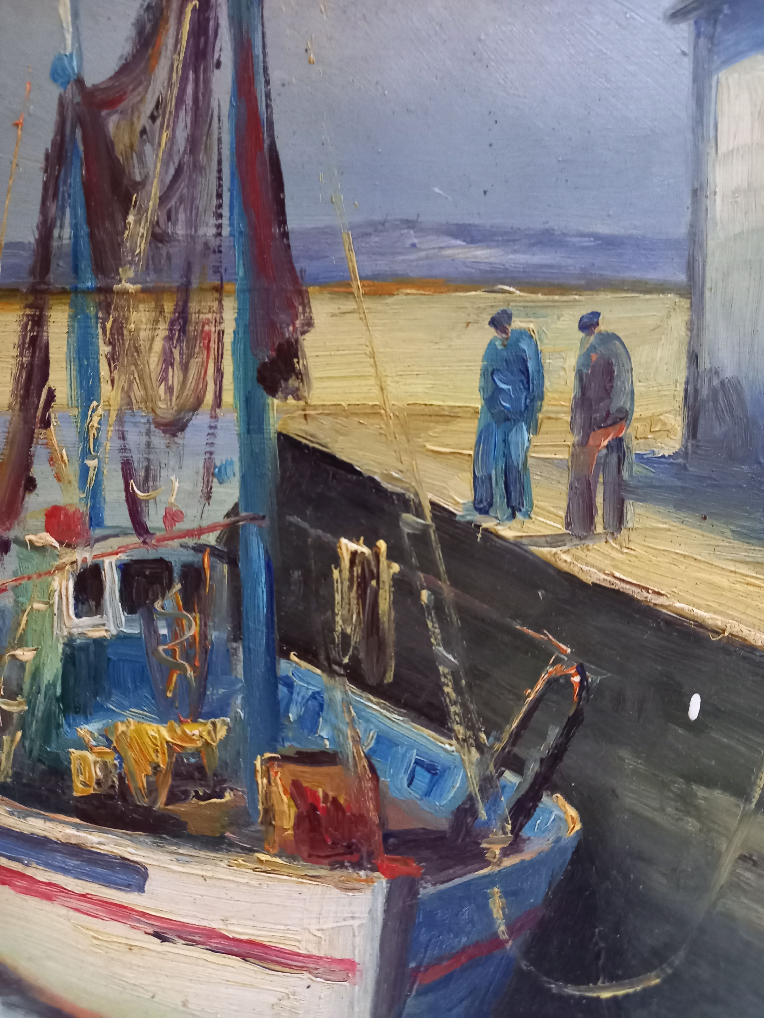 Old painting, oil on wood, representing a port with a fishing boat