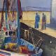 Old painting, oil on wood, representing a port with a fishing boat
