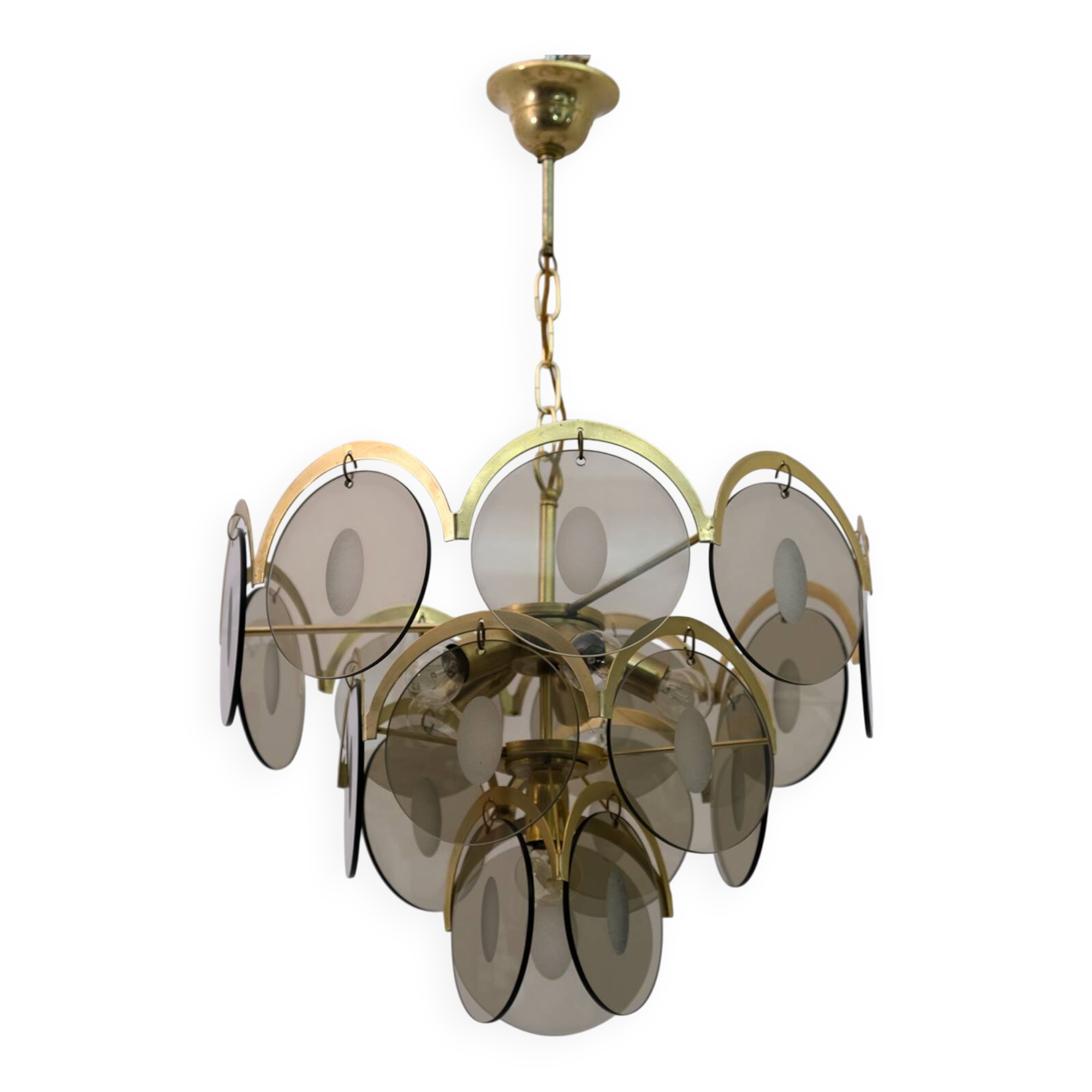 Gino Vistosi Mid-Century Modern Amber Glass and Brass Chandelier, 1970s