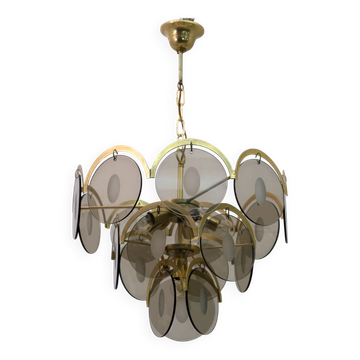 Gino Vistosi Mid-Century Modern Amber Glass and Brass Chandelier, 1970s