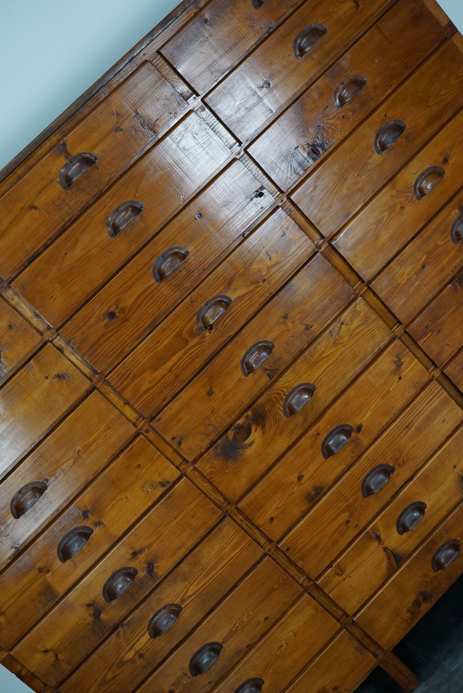 Dutch pine industrial apothecary cabinet, 1950s