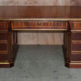 Restored antique Russian hardwood partner desk and leather armchair.
