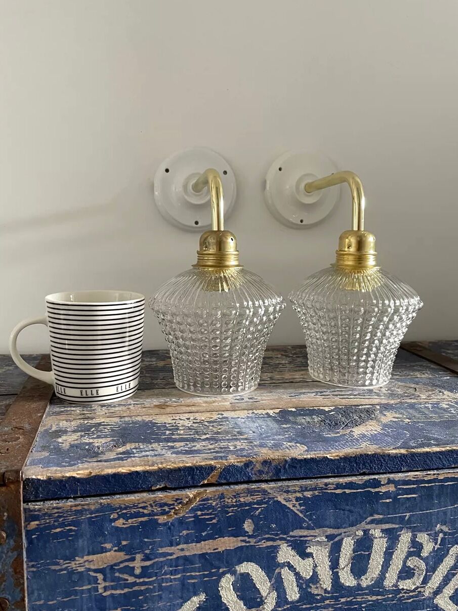 Pair of vintage electrified glass wall lamps