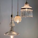Suspension cascade triple Holophanes and vintage pendants