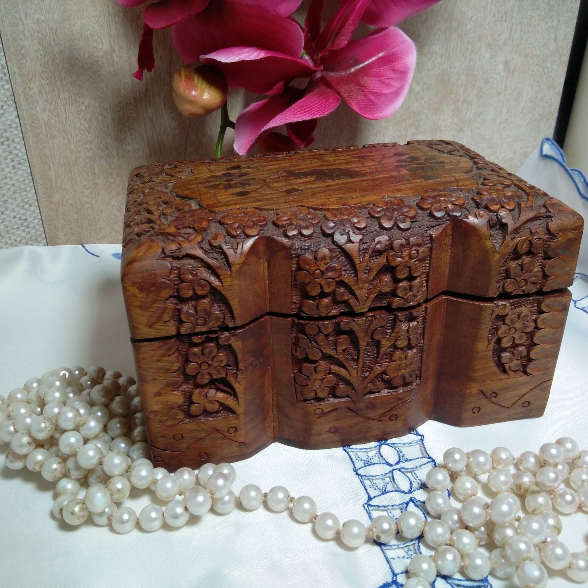 Ancient wooden jewelry box with mirror, engravings and brass décor,Asia India
