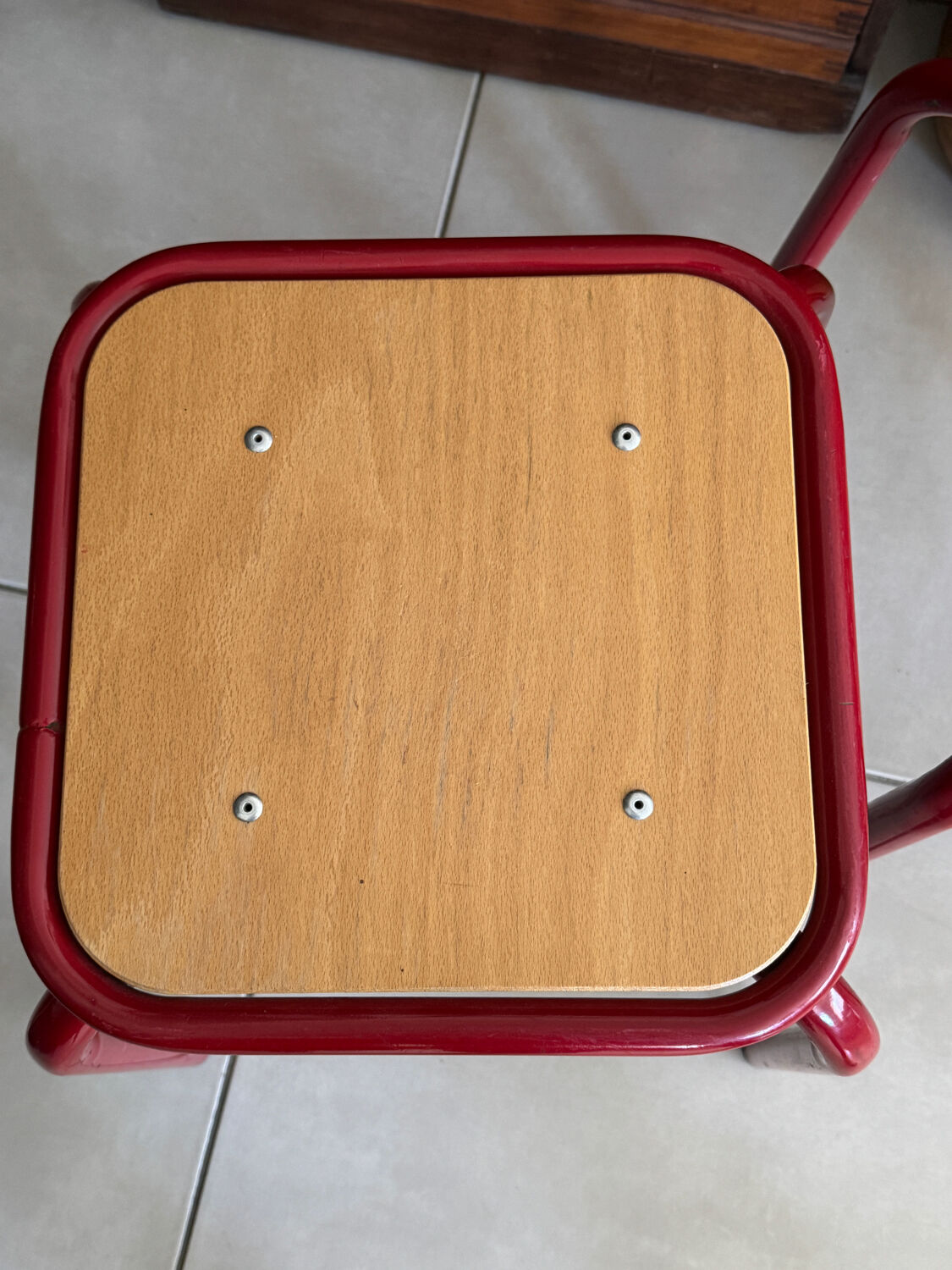 Vintage workshop style stool trio – 2 red & 1 blue