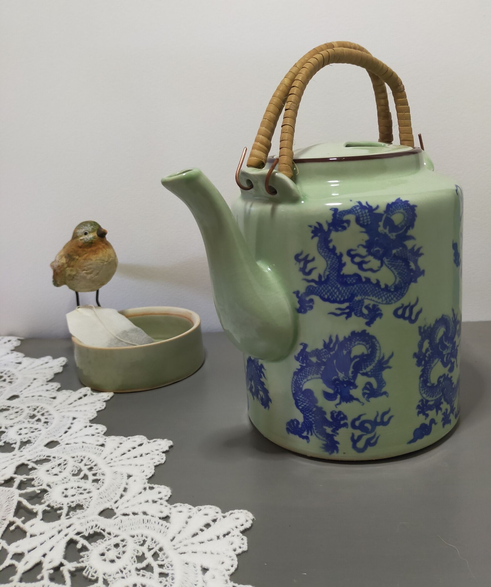 rare green celadon teapot ancient dragons or phoenix decoration with glaze and wicker handles signed /th