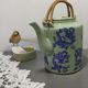 rare green celadon teapot ancient dragons or phoenix decoration with glaze and wicker handles signed /th