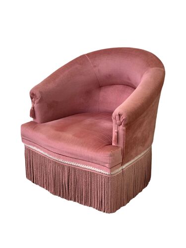 Fauteuil crapaud velours rose 1970