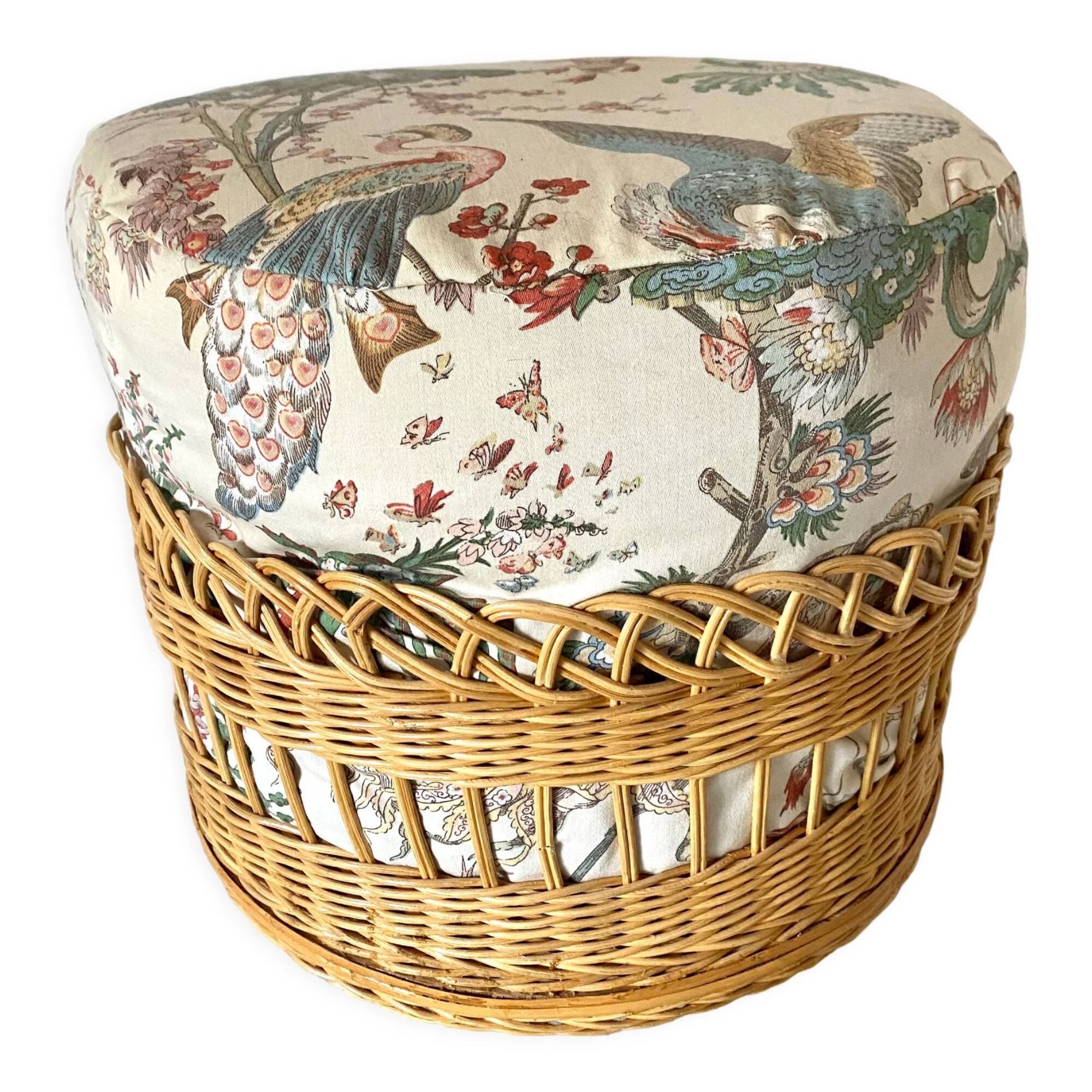 Rattan pouf and vintage fabric