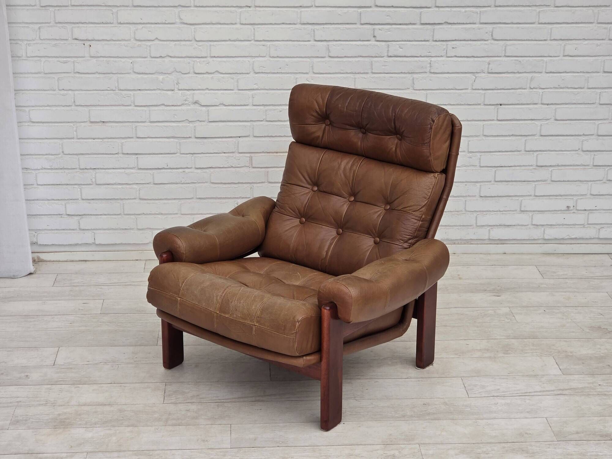1970s, Swedish design, armchair with footstool, furniture leather.