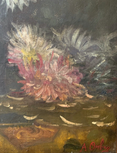 Oil on canvas "Flowers and jewelry box" signed Ombry XIXth