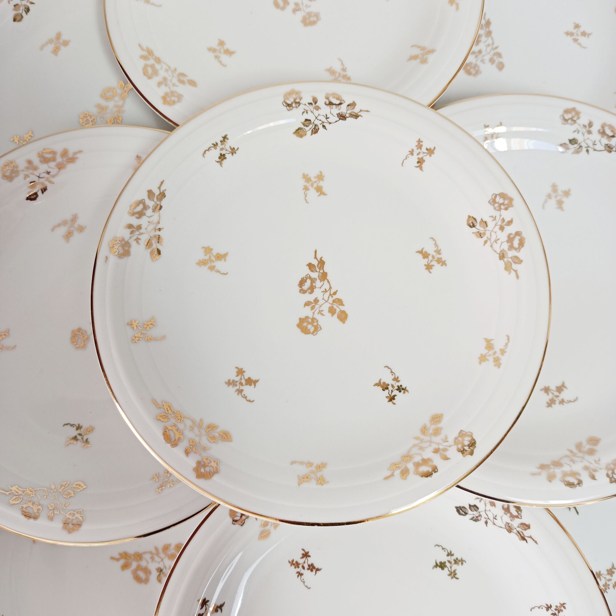 Set of 9 flat plates in Limoges porcelain, white and gold