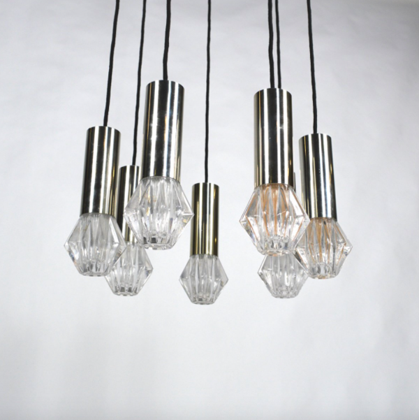 Lampe à suspension vintage en métal chromé et verre 1970